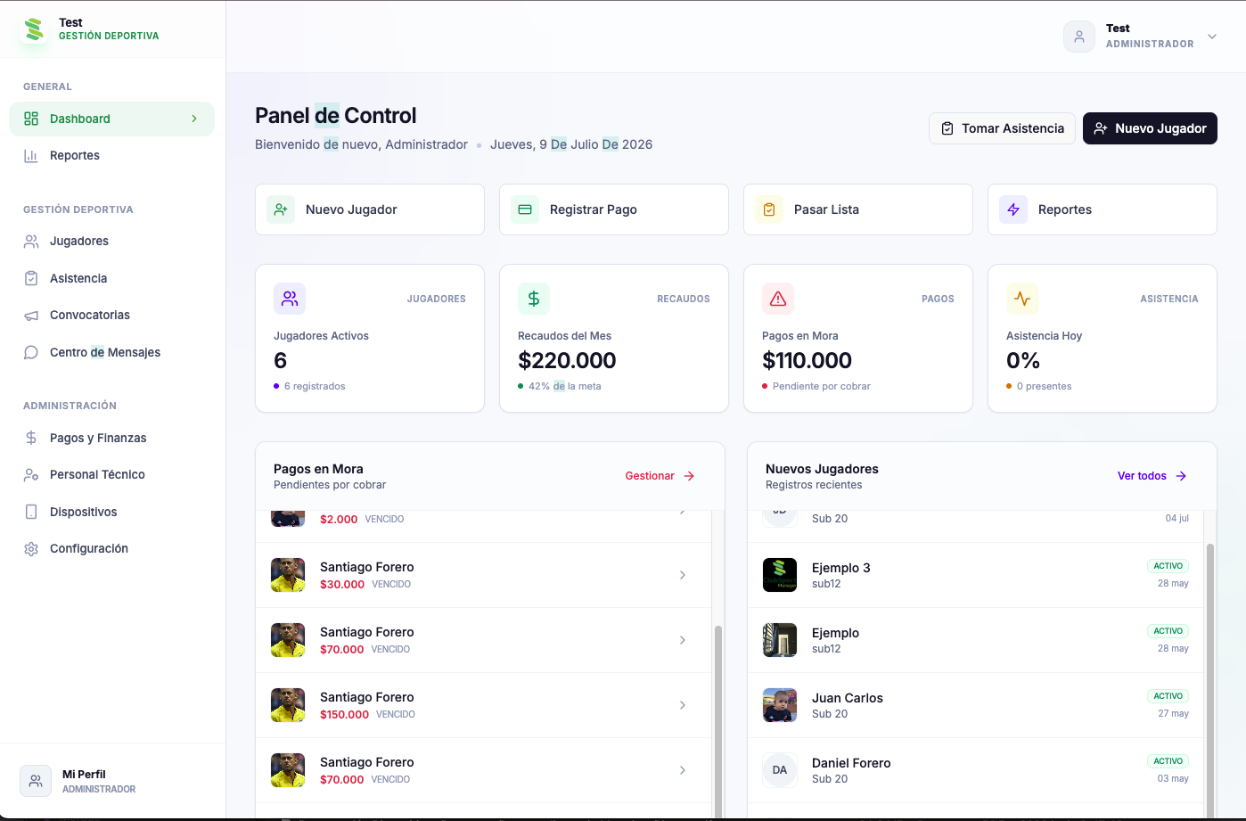 Dashboard de ClubSport Manager